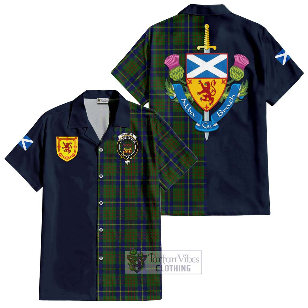 Tartan Vibes Clothing Cameron of Lochiel Hunting Tartan Short Sleeve Button Shirt with Scottish Lion Royal Arm Half Style