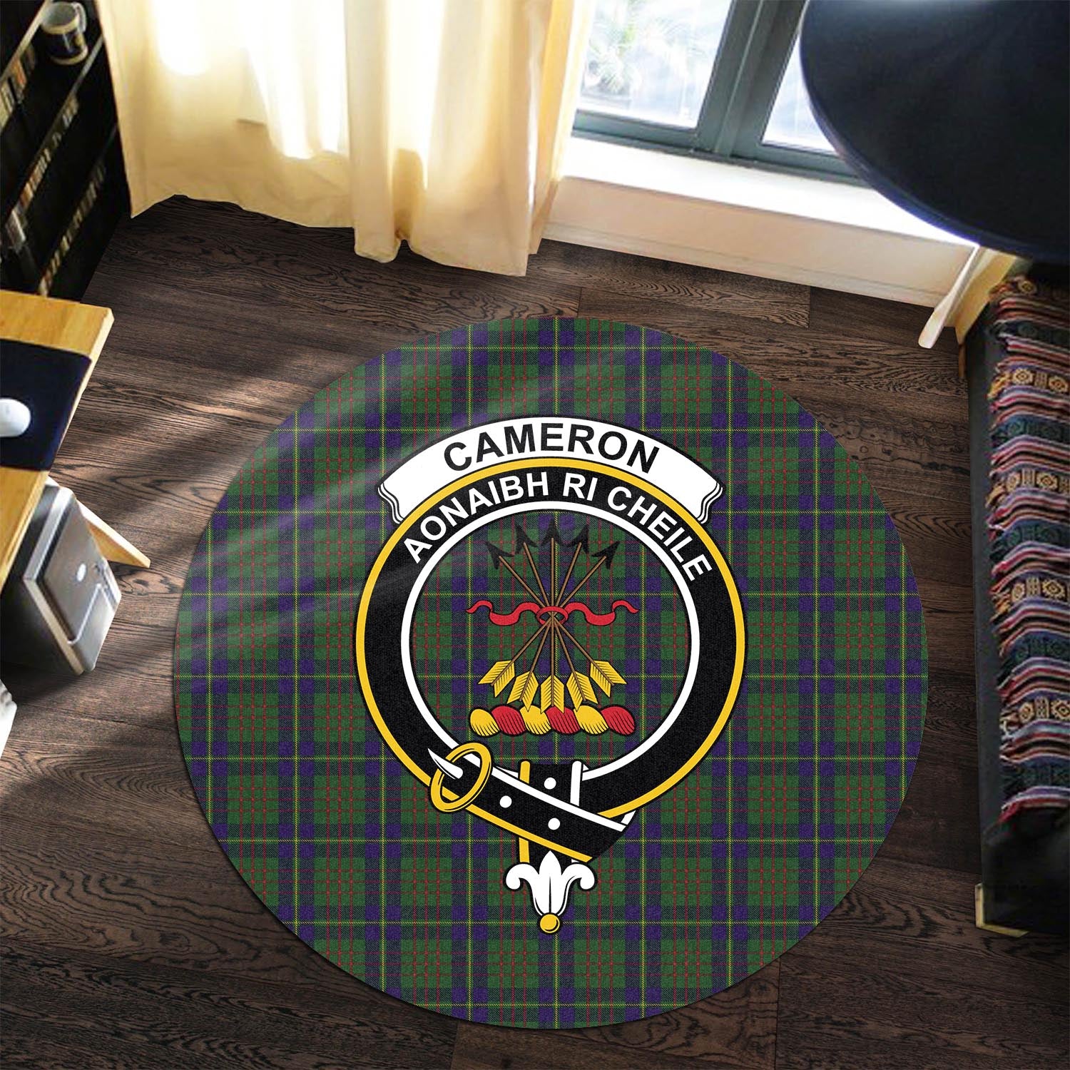 Cameron of Lochiel Hunting Tartan Round Rug with Family Crest - Tartanvibesclothing