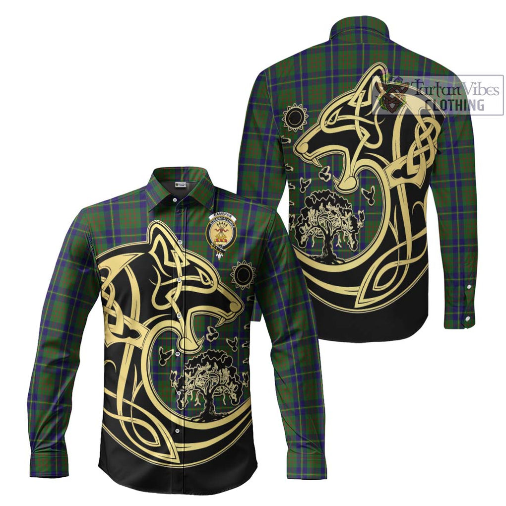 Cameron of Lochiel Hunting Tartan Long Sleeve Button Shirt with Family Crest Celtic Wolf Style Men's Shirt S - Tartan Vibes Clothing