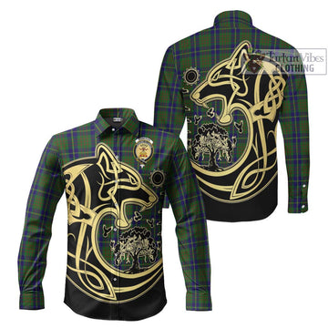 Cameron of Lochiel Hunting Tartan Long Sleeve Button Shirt with Family Crest Celtic Wolf Style