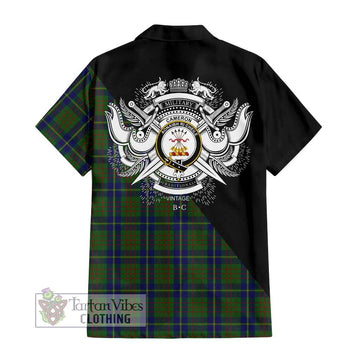 Cameron of Lochiel Hunting Tartan Short Sleeve Button Shirt with Family Crest and Military Logo Style