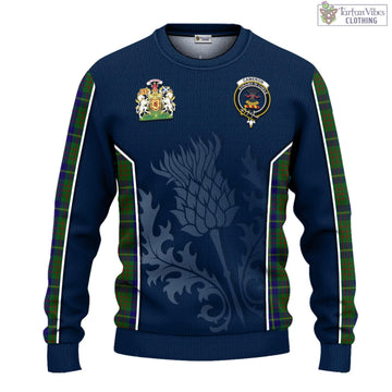 Cameron of Lochiel Hunting Tartan Knitted Sweatshirt with Family Crest and Scottish Thistle Vibes Sport Style