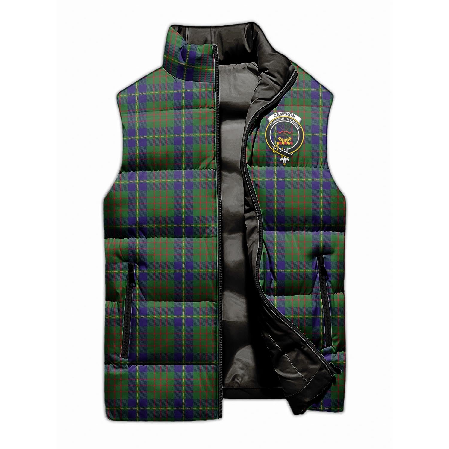 Cameron of Lochiel Hunting Tartan Sleeveless Puffer Jacket with Family Crest - Tartanvibesclothing