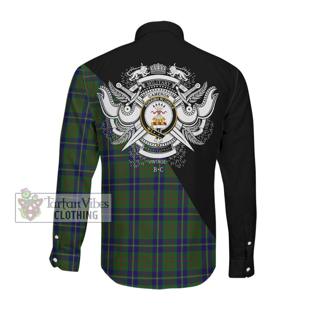 Cameron of Lochiel Hunting Tartan Long Sleeve Button Shirt with Family Crest and Military Logo Style Men's Shirt - Tartanvibesclothing Shop