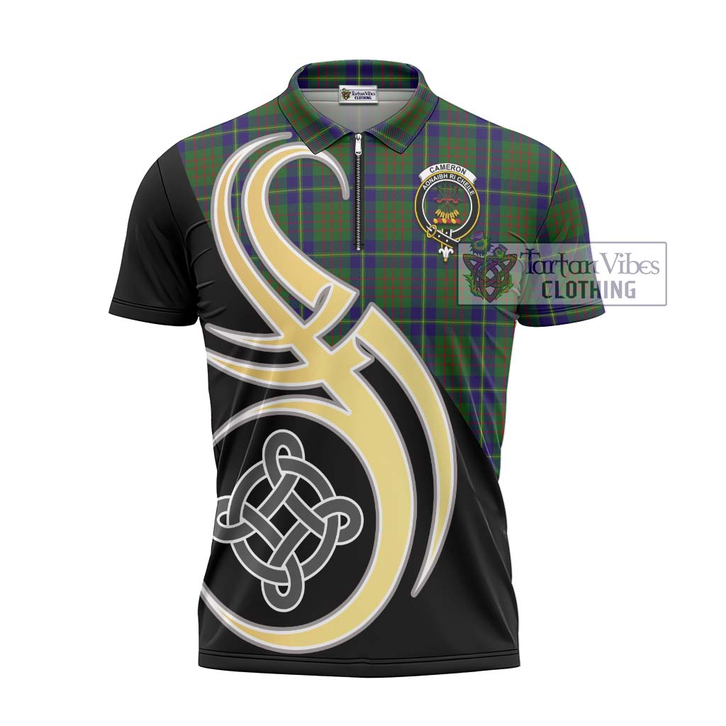 Tartan Vibes Clothing Cameron of Lochiel Hunting Tartan Zipper Polo Shirt with Family Crest and Celtic Symbol Style