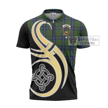 Cameron of Lochiel Hunting Tartan Zipper Polo Shirt with Family Crest and Celtic Symbol Style