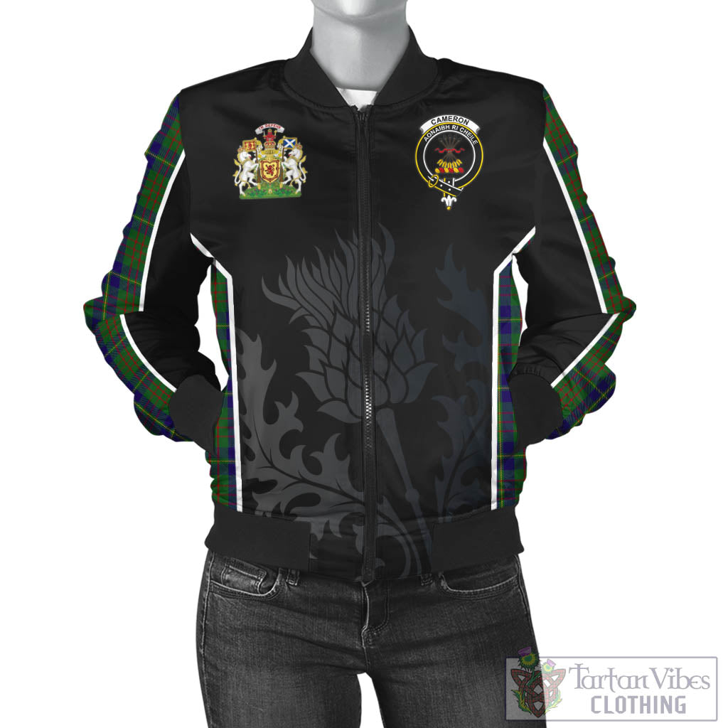 Tartan Vibes Clothing Cameron of Lochiel Hunting Tartan Bomber Jacket with Family Crest and Scottish Thistle Vibes Sport Style