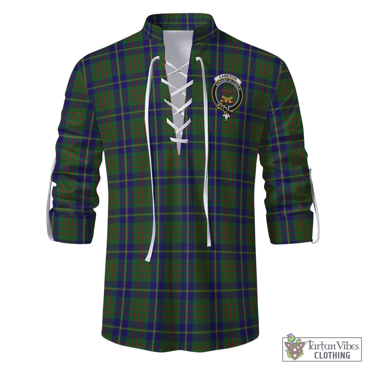 Tartan Vibes Clothing Cameron of Lochiel Hunting Tartan Men's Scottish Traditional Jacobite Ghillie Kilt Shirt with Family Crest