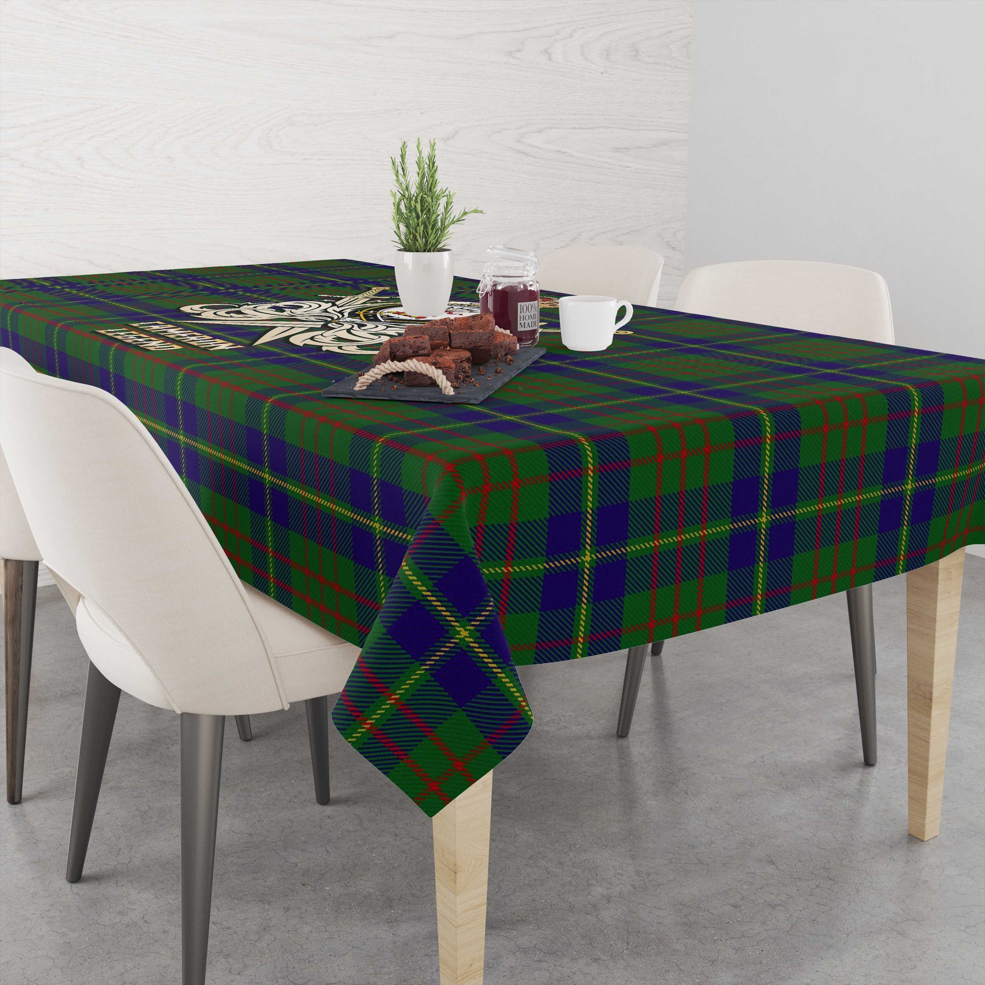 Tartan Vibes Clothing Cameron of Lochiel Hunting Tartan Tablecloth with Clan Crest and the Golden Sword of Courageous Legacy