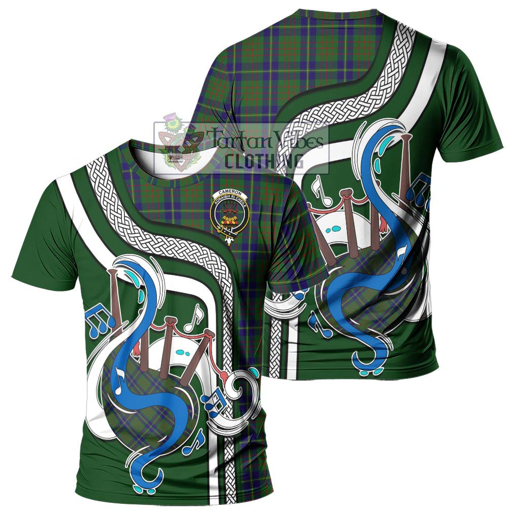 Cameron of Lochiel Hunting Tartan T-Shirt with Epic Bagpipe Style - Tartanvibesclothing Shop