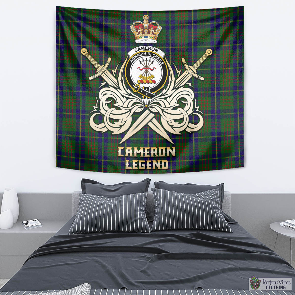 Tartan Vibes Clothing Cameron of Lochiel Hunting Tartan Tapestry with Clan Crest and the Golden Sword of Courageous Legacy