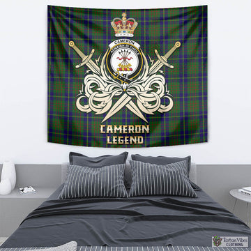 Cameron of Lochiel Hunting Tartan Tapestry with Clan Crest and the Golden Sword of Courageous Legacy