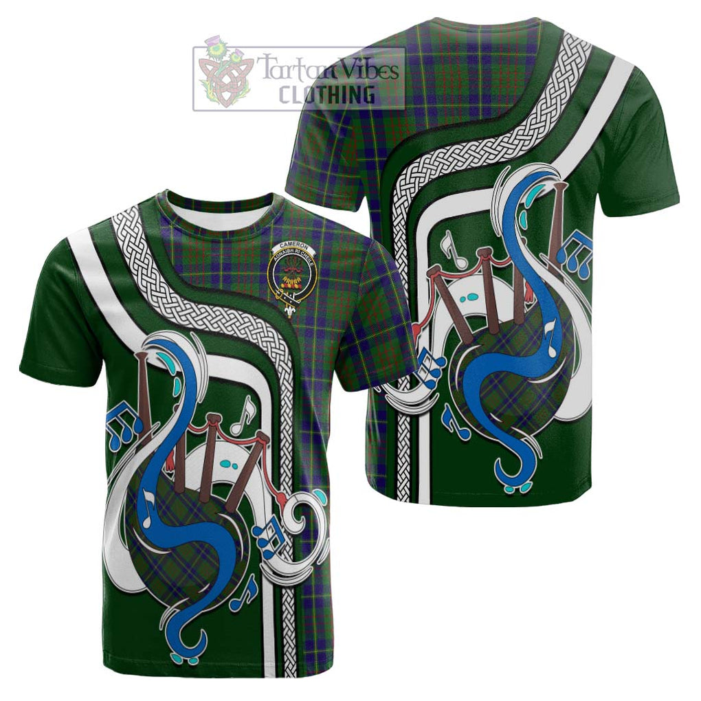 Tartan Vibes Clothing Cameron of Lochiel Hunting Tartan Cotton T-shirt with Epic Bagpipe Style