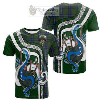 Cameron of Lochiel Hunting Tartan Cotton T-shirt with Epic Bagpipe Style