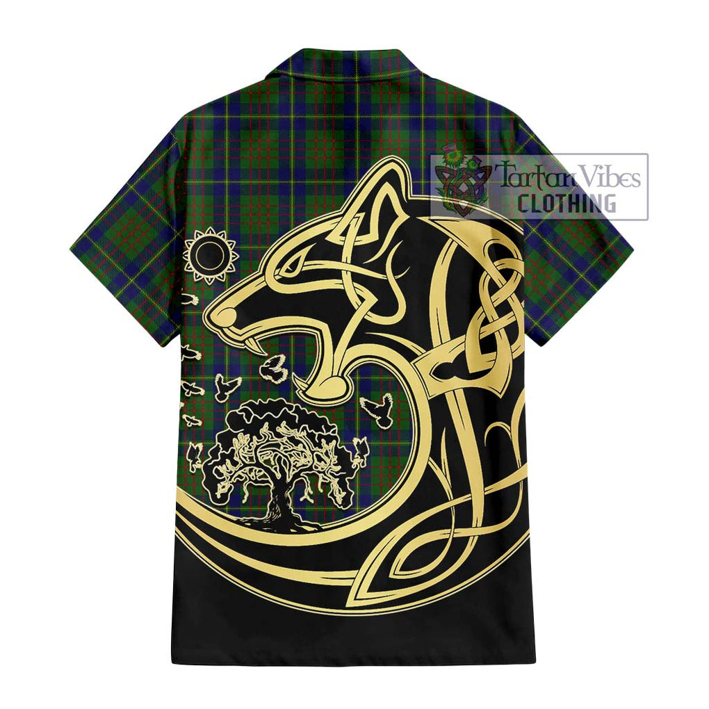 Cameron of Lochiel Hunting Tartan Short Sleeve Button Shirt with Family Crest Celtic Wolf Style - Tartan Vibes Clothing