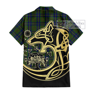 Cameron of Lochiel Hunting Tartan Short Sleeve Button Shirt with Family Crest Celtic Wolf Style