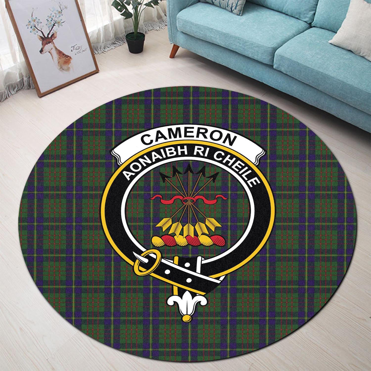 Cameron of Lochiel Hunting Tartan Round Rug with Family Crest - Tartanvibesclothing