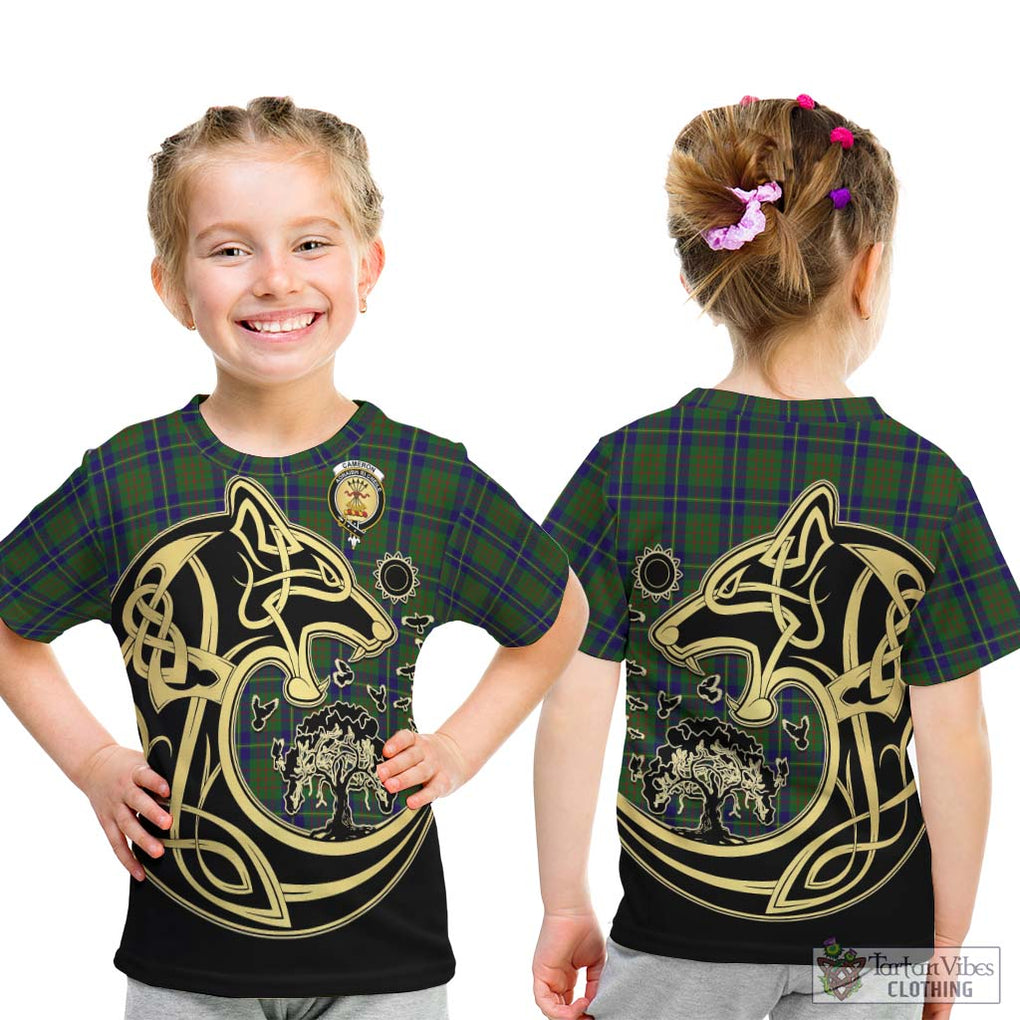 Cameron of Lochiel Hunting Tartan Kid T-Shirt with Family Crest Celtic Wolf Style - Tartan Vibes Clothing