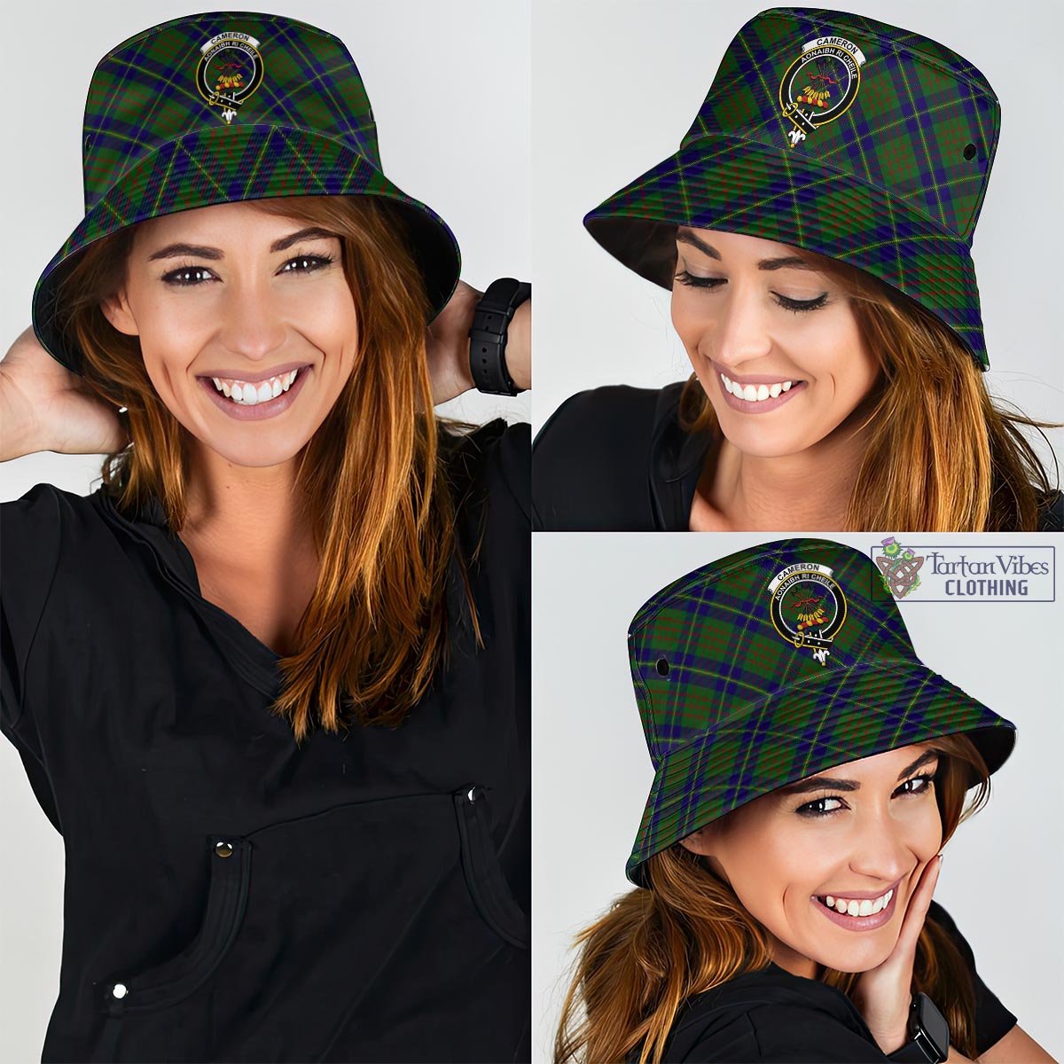 Tartan Vibes Clothing Cameron of Lochiel Hunting Tartan Bucket Hat with Family Crest