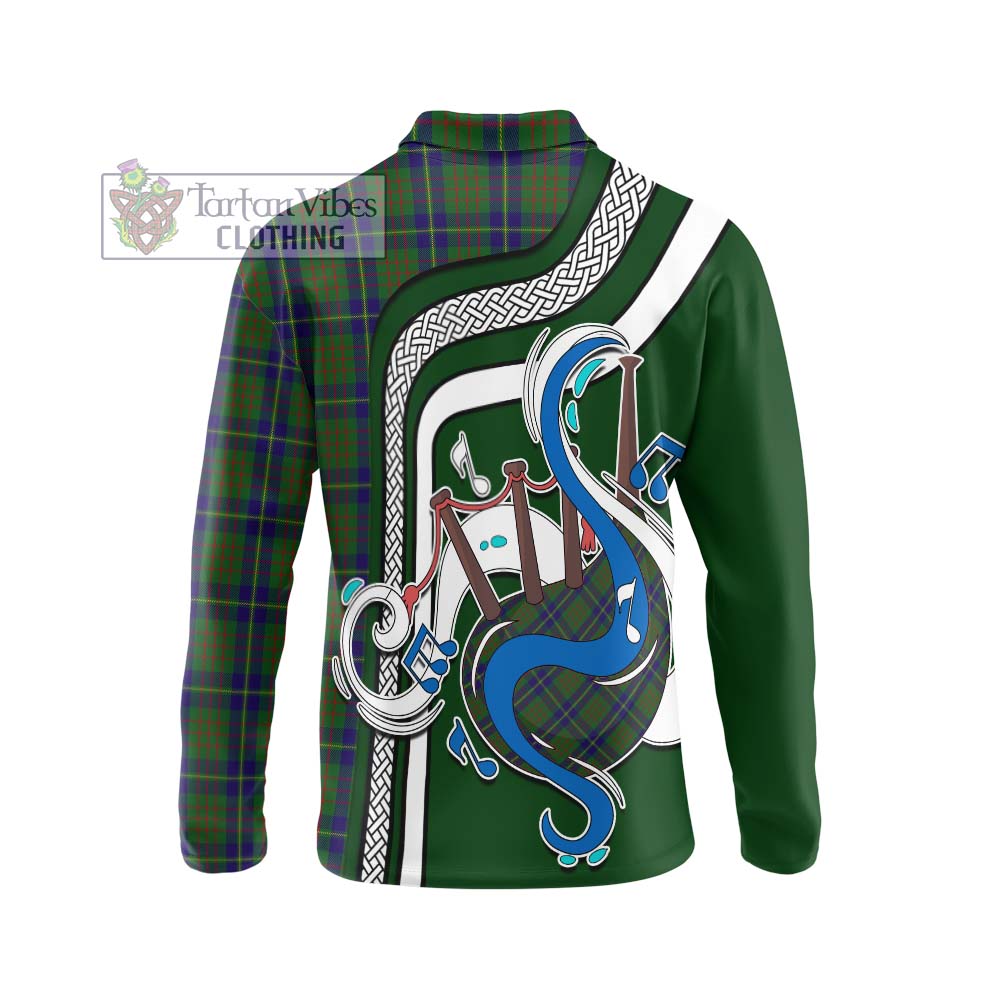 Tartan Vibes Clothing Cameron of Lochiel Hunting Tartan Long Sleeve Polo Shirt with Epic Bagpipe Style