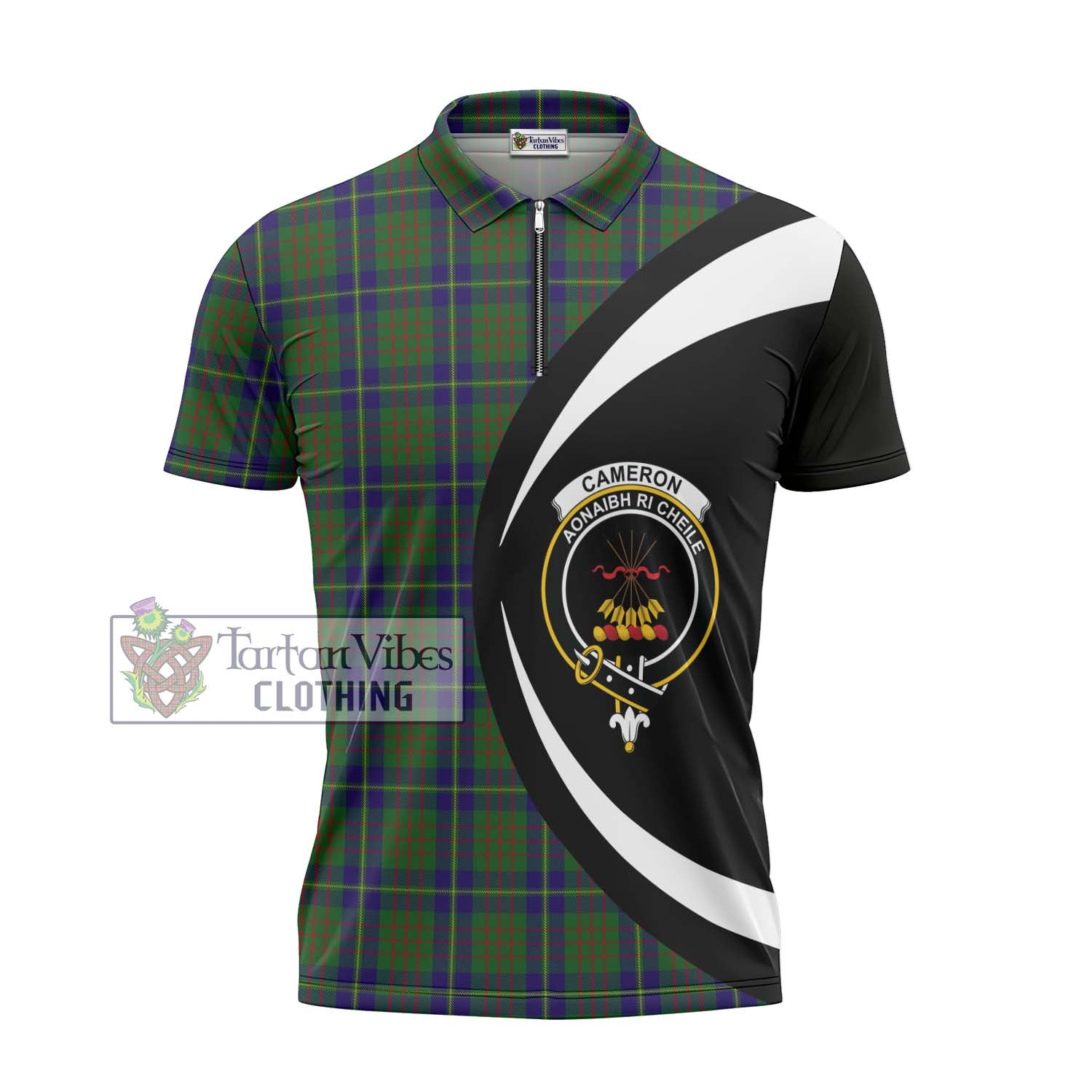 Tartan Vibes Clothing Cameron of Lochiel Hunting Tartan Zipper Polo Shirt with Family Crest Circle Style