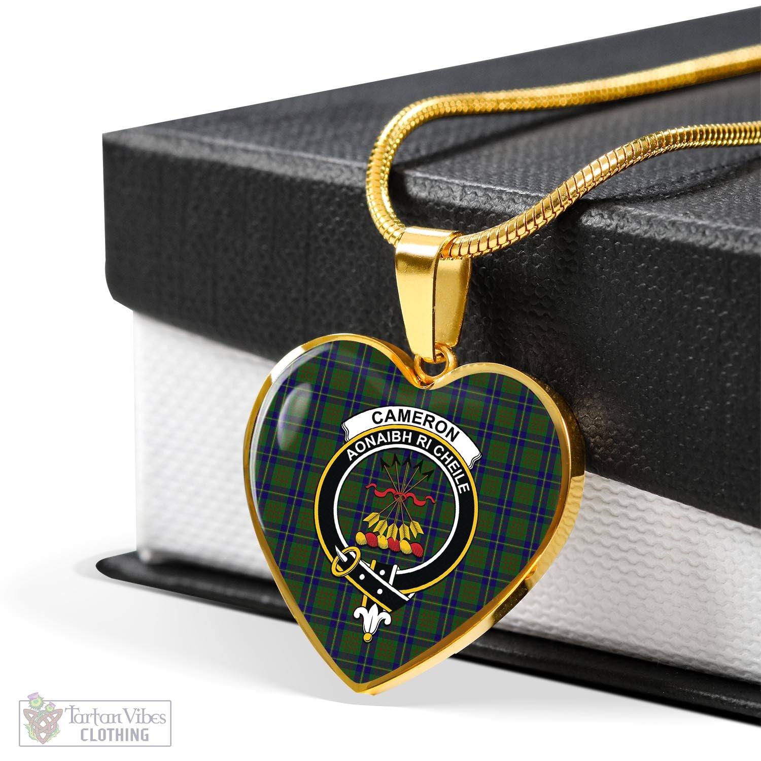 Tartan Vibes Clothing Cameron of Lochiel Hunting Tartan Heart Necklace with Family Crest