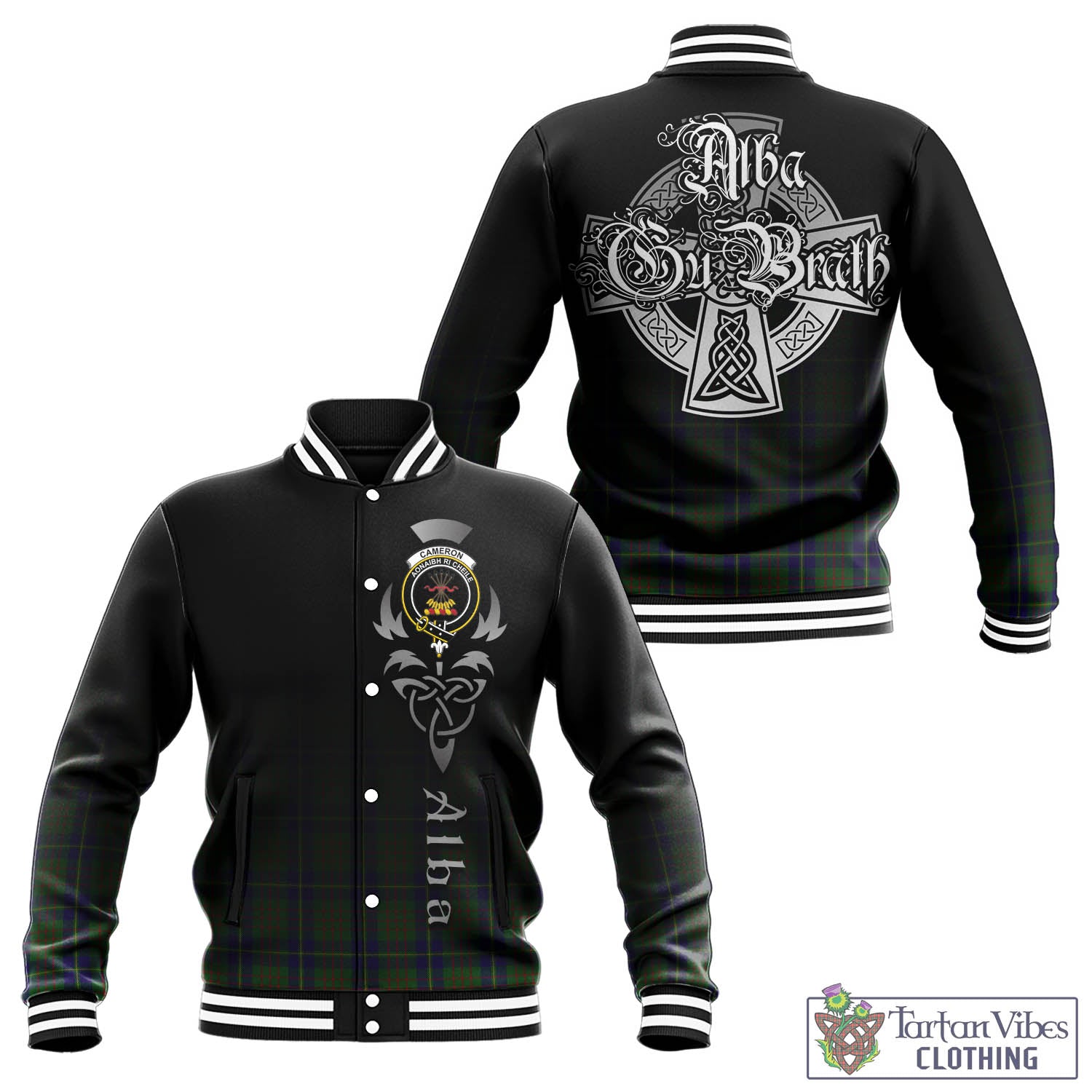 Tartan Vibes Clothing Cameron of Lochiel Hunting Tartan Baseball Jacket Featuring Alba Gu Brath Family Crest Celtic Inspired