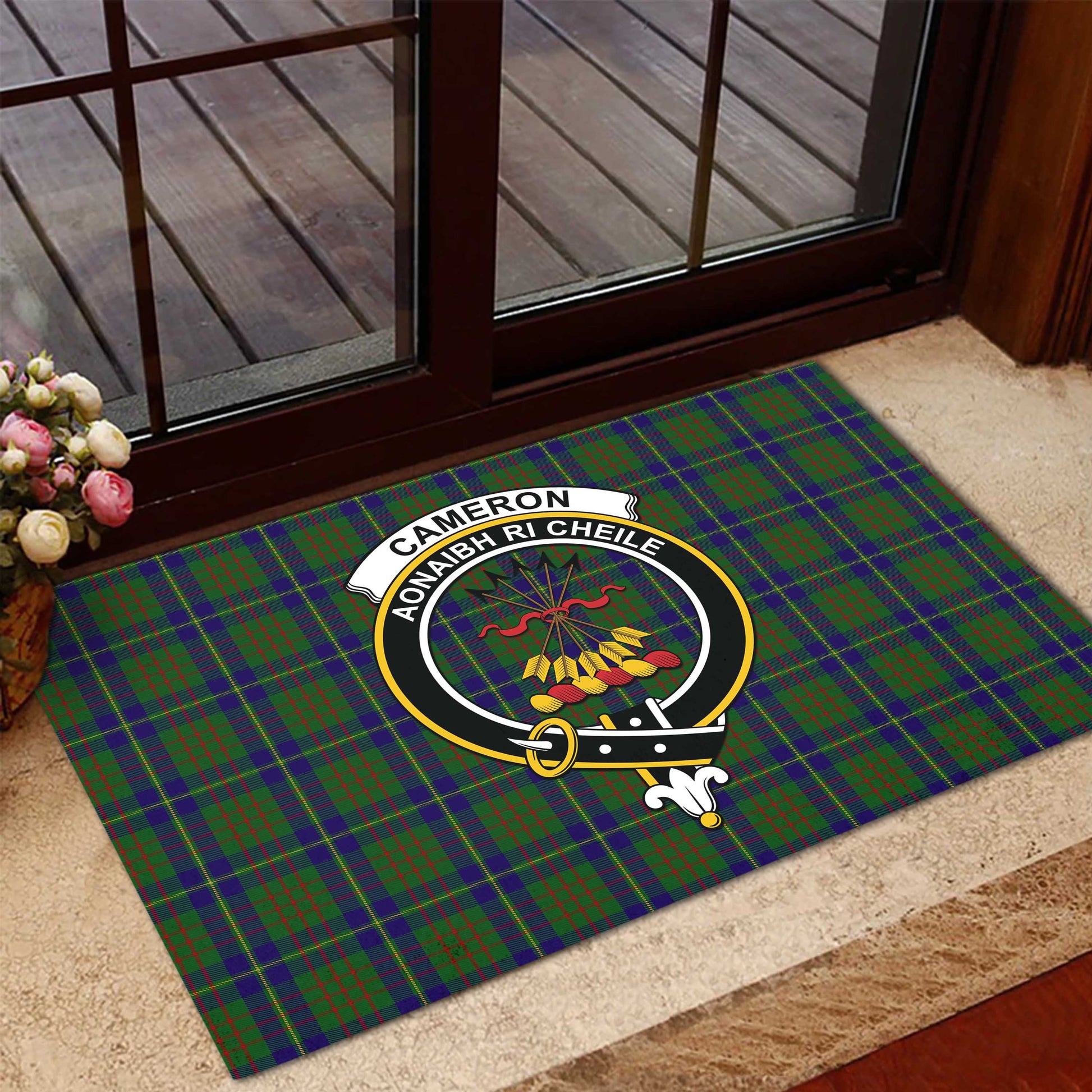 Cameron of Lochiel Hunting Tartan Door Mat with Family Crest - Tartanvibesclothing