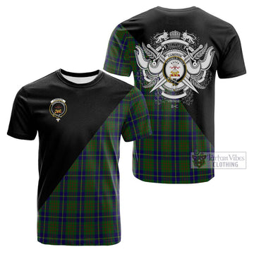 Cameron of Lochiel Hunting Tartan Cotton T-shirt with Family Crest and Military Logo Style