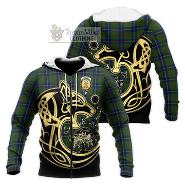 Cameron of Lochiel Hunting Tartan Knitted Hoodie with Family Crest Celtic Wolf Style