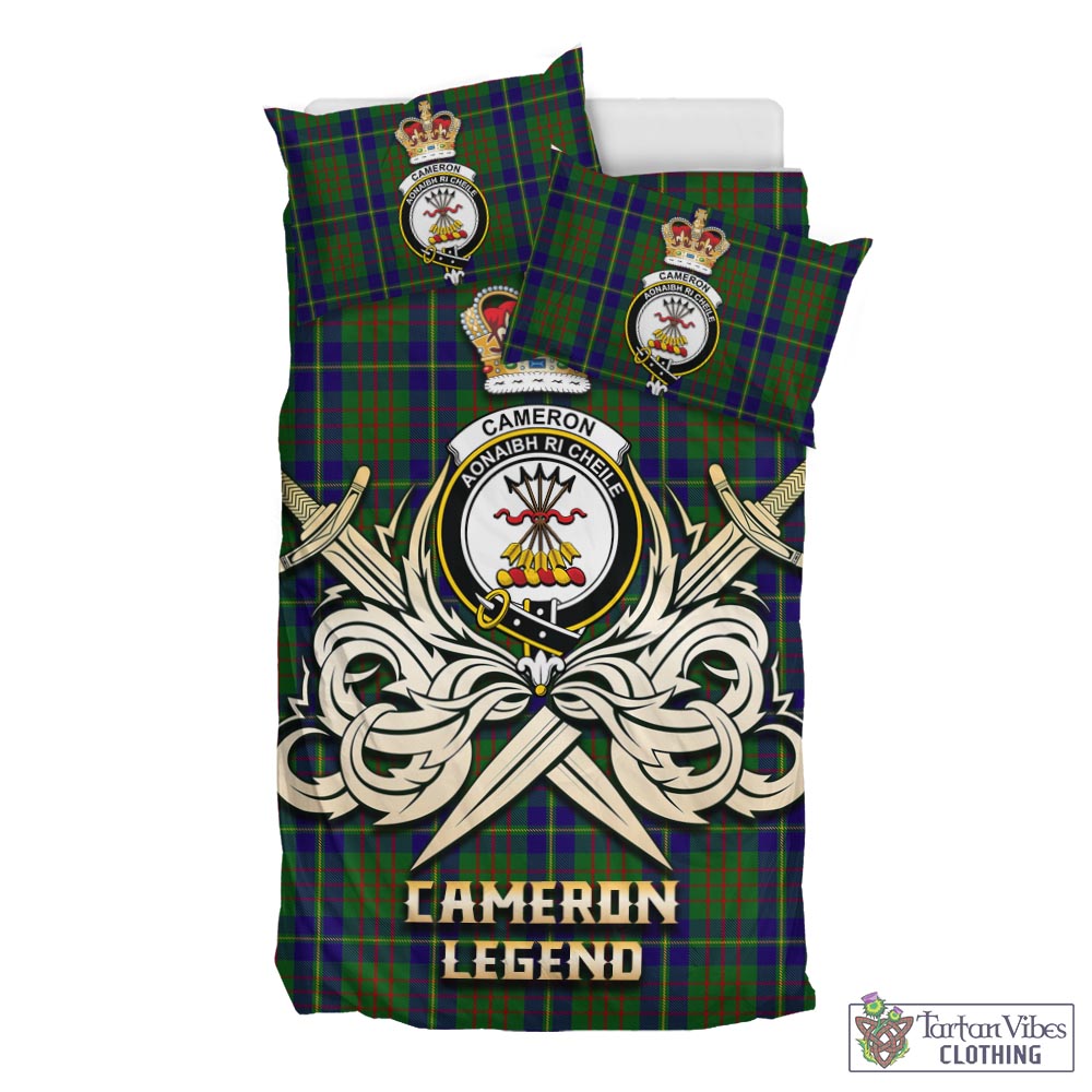 Tartan Vibes Clothing Cameron of Lochiel Hunting Tartan Bedding Set with Clan Crest and the Golden Sword of Courageous Legacy