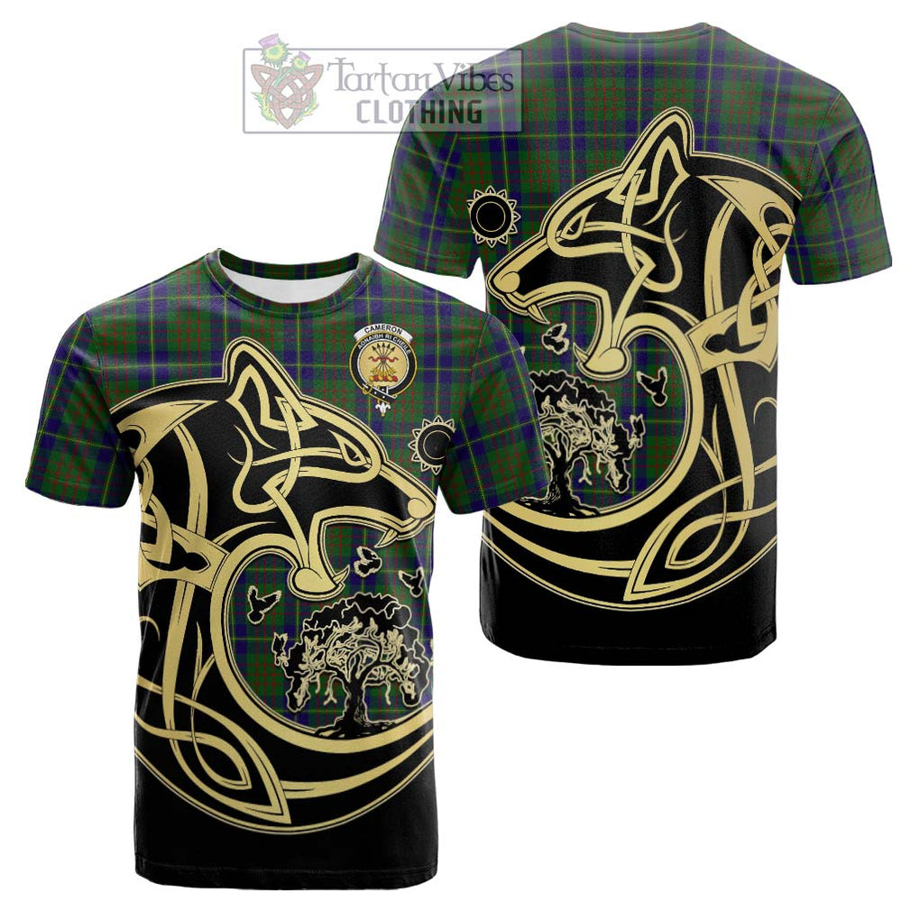 Tartan Vibes Clothing Cameron of Lochiel Hunting Tartan Cotton T-shirt with Family Crest Celtic Wolf Style