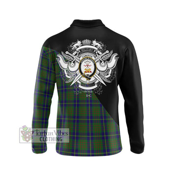 Cameron of Lochiel Hunting Tartan Long Sleeve Polo Shirt with Family Crest and Military Logo Style