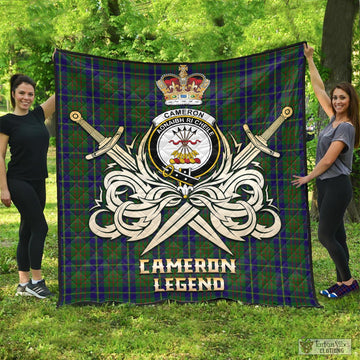 Cameron of Lochiel Hunting Tartan Quilt with Clan Crest and the Golden Sword of Courageous Legacy