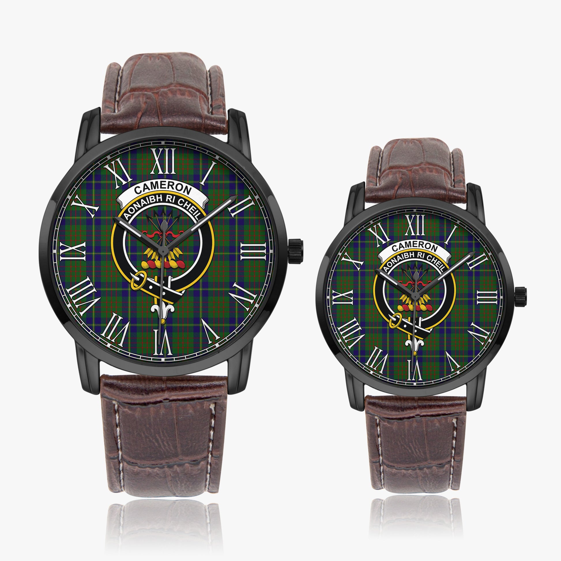 Cameron of Lochiel Hunting Tartan Family Crest Leather Strap Quartz Watch - Tartanvibesclothing