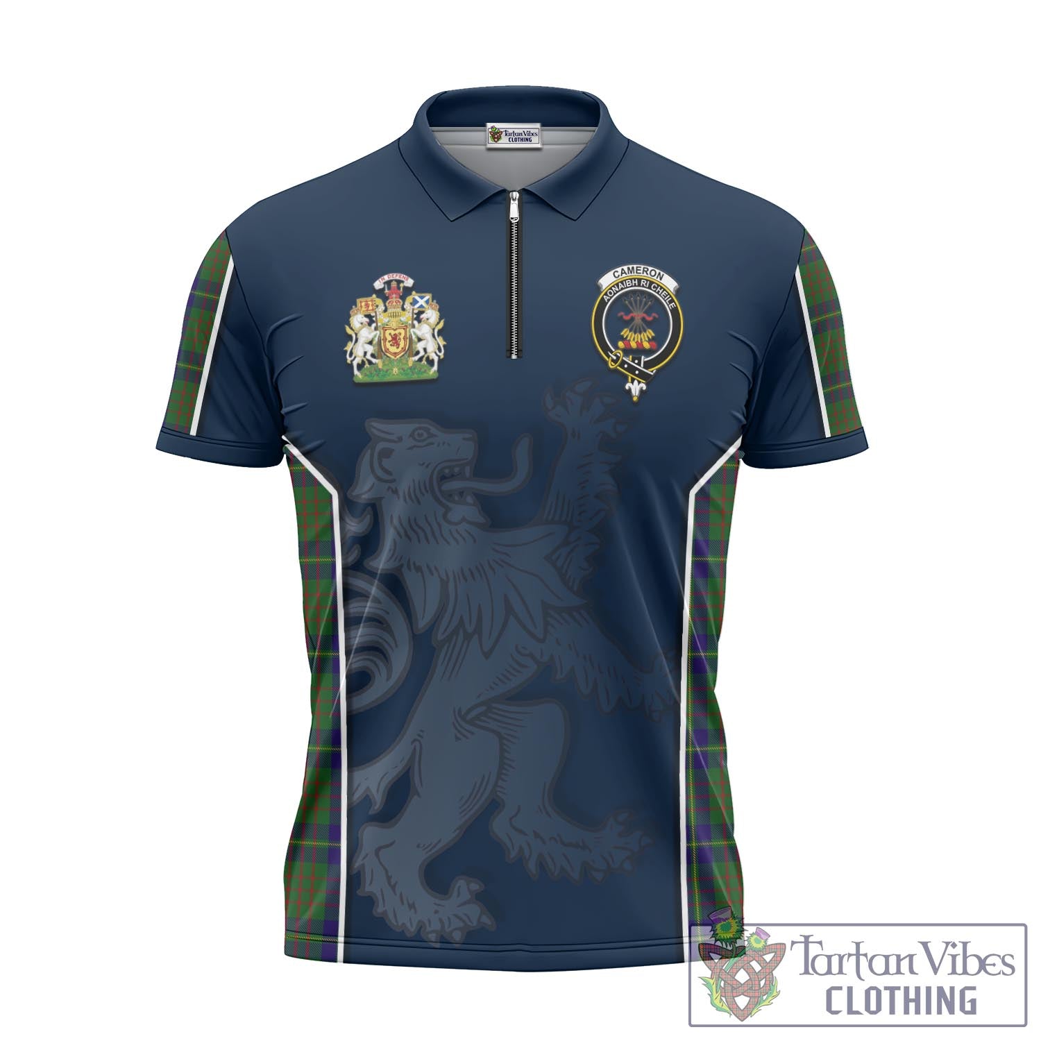 Tartan Vibes Clothing Cameron of Lochiel Hunting Tartan Zipper Polo Shirt with Family Crest and Lion Rampant Vibes Sport Style