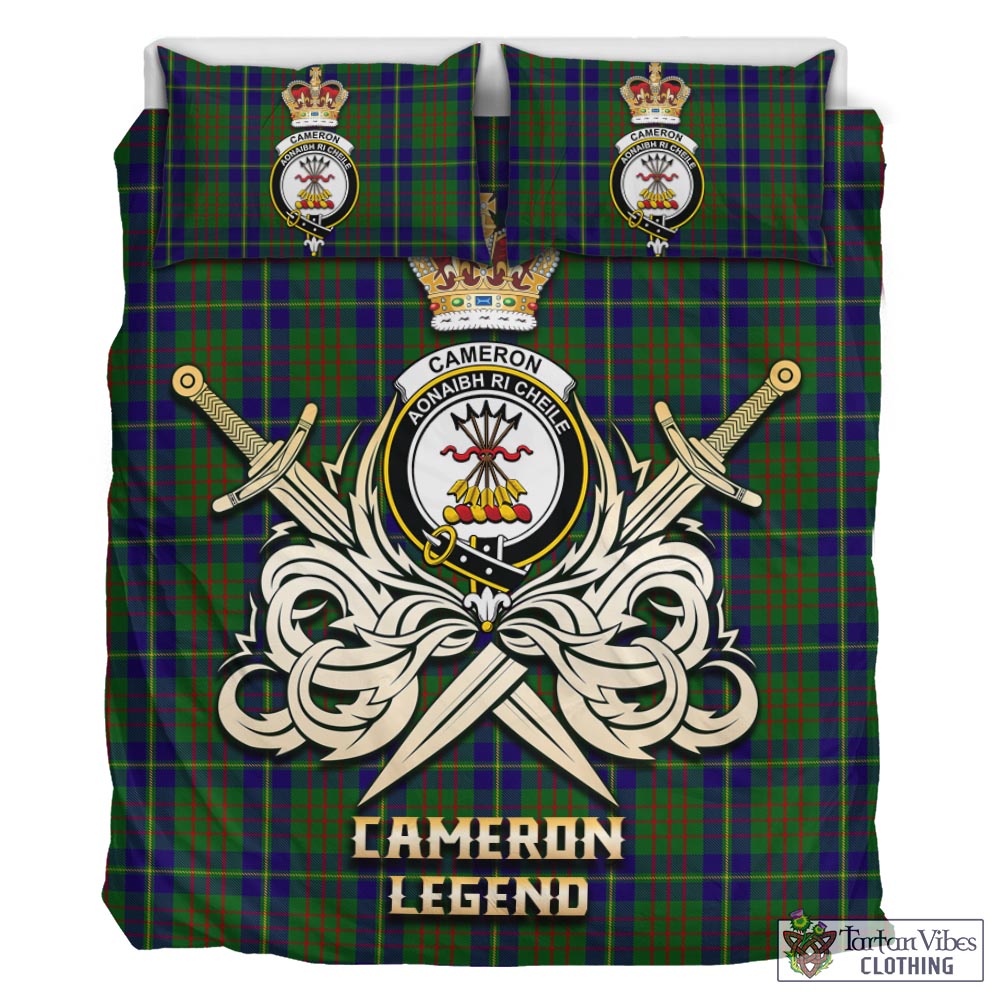 Tartan Vibes Clothing Cameron of Lochiel Hunting Tartan Bedding Set with Clan Crest and the Golden Sword of Courageous Legacy