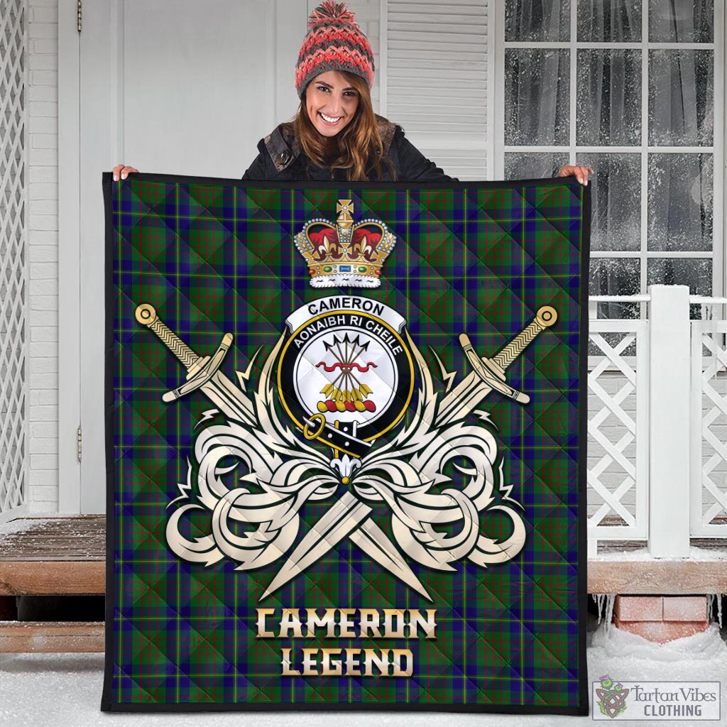 Tartan Vibes Clothing Cameron of Lochiel Hunting Tartan Quilt with Clan Crest and the Golden Sword of Courageous Legacy