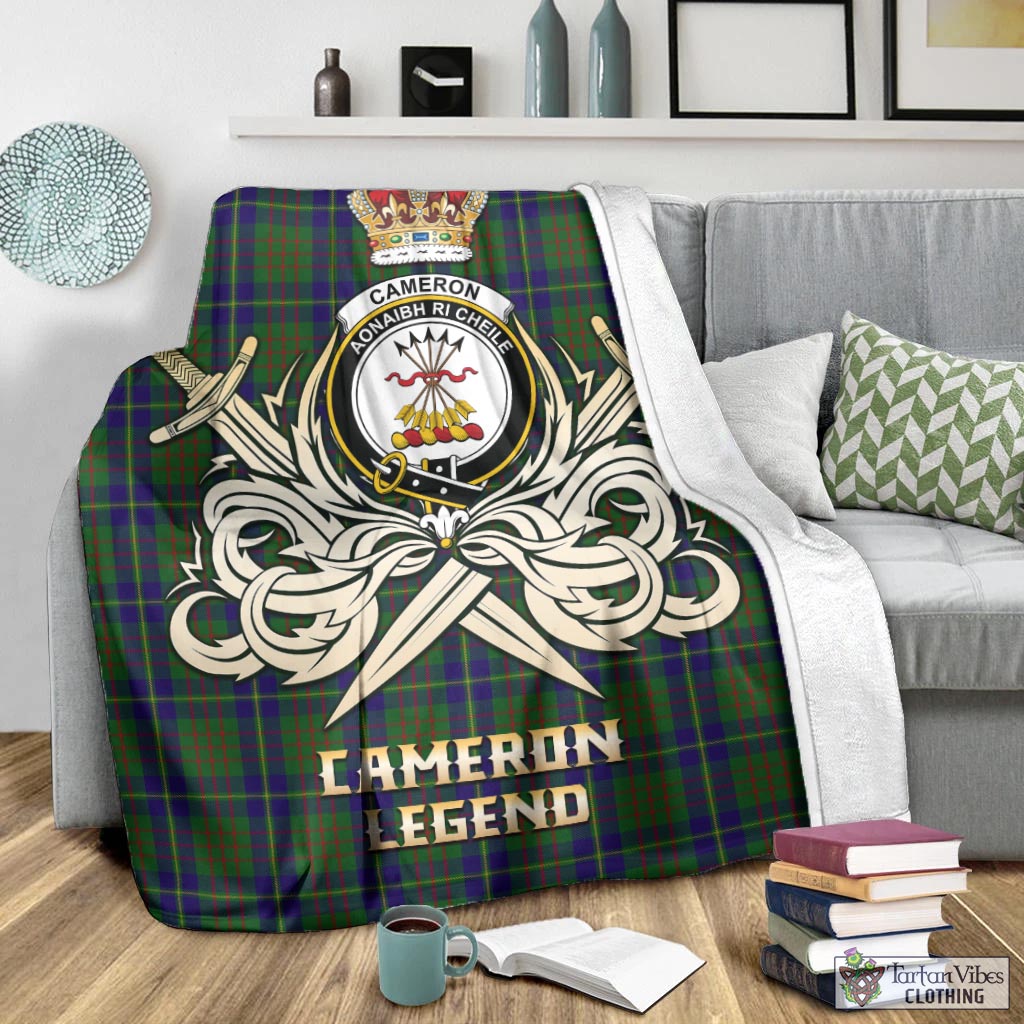 Tartan Vibes Clothing Cameron of Lochiel Hunting Tartan Blanket with Clan Crest and the Golden Sword of Courageous Legacy