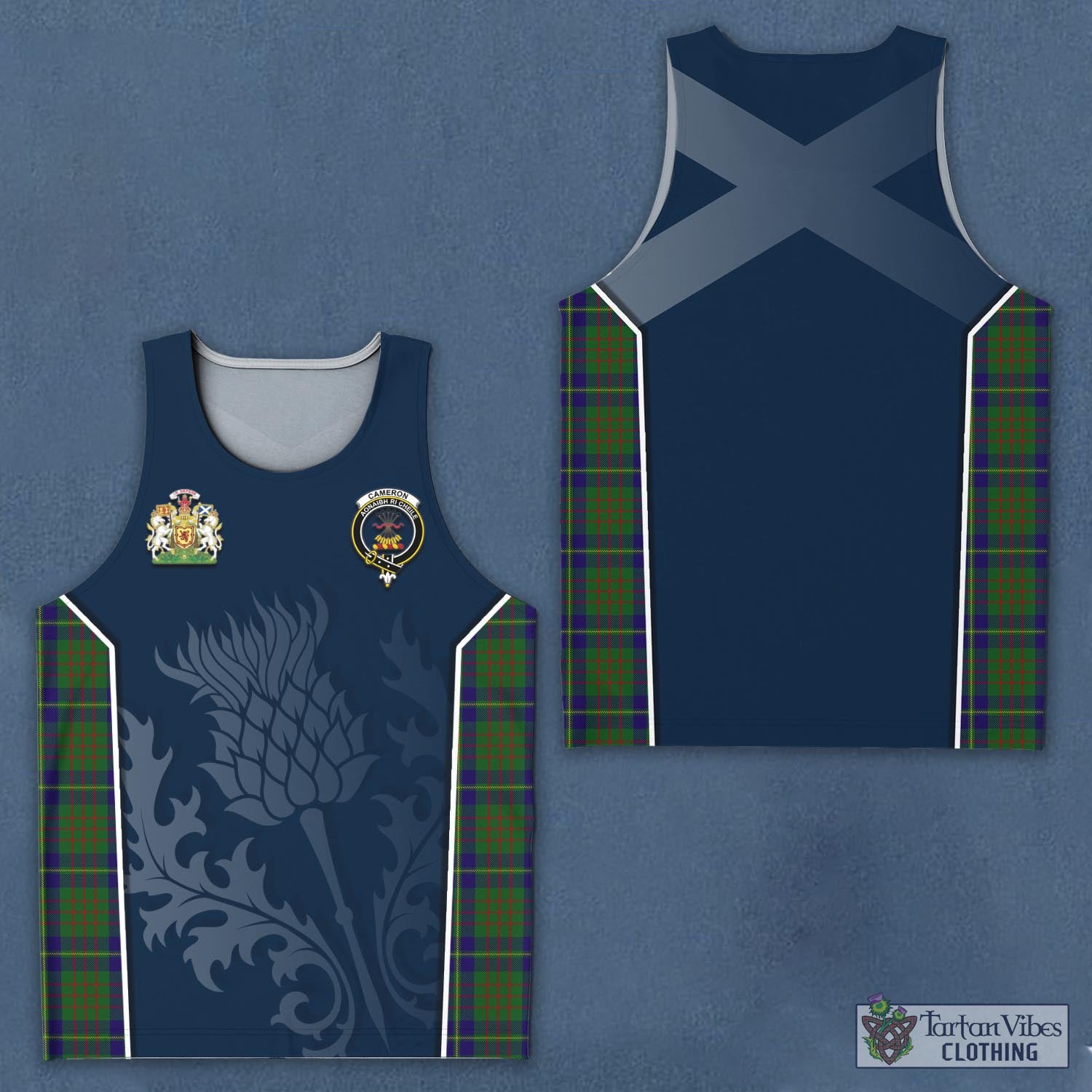 Tartan Vibes Clothing Cameron of Lochiel Hunting Tartan Men's Tanks Top with Family Crest and Scottish Thistle Vibes Sport Style