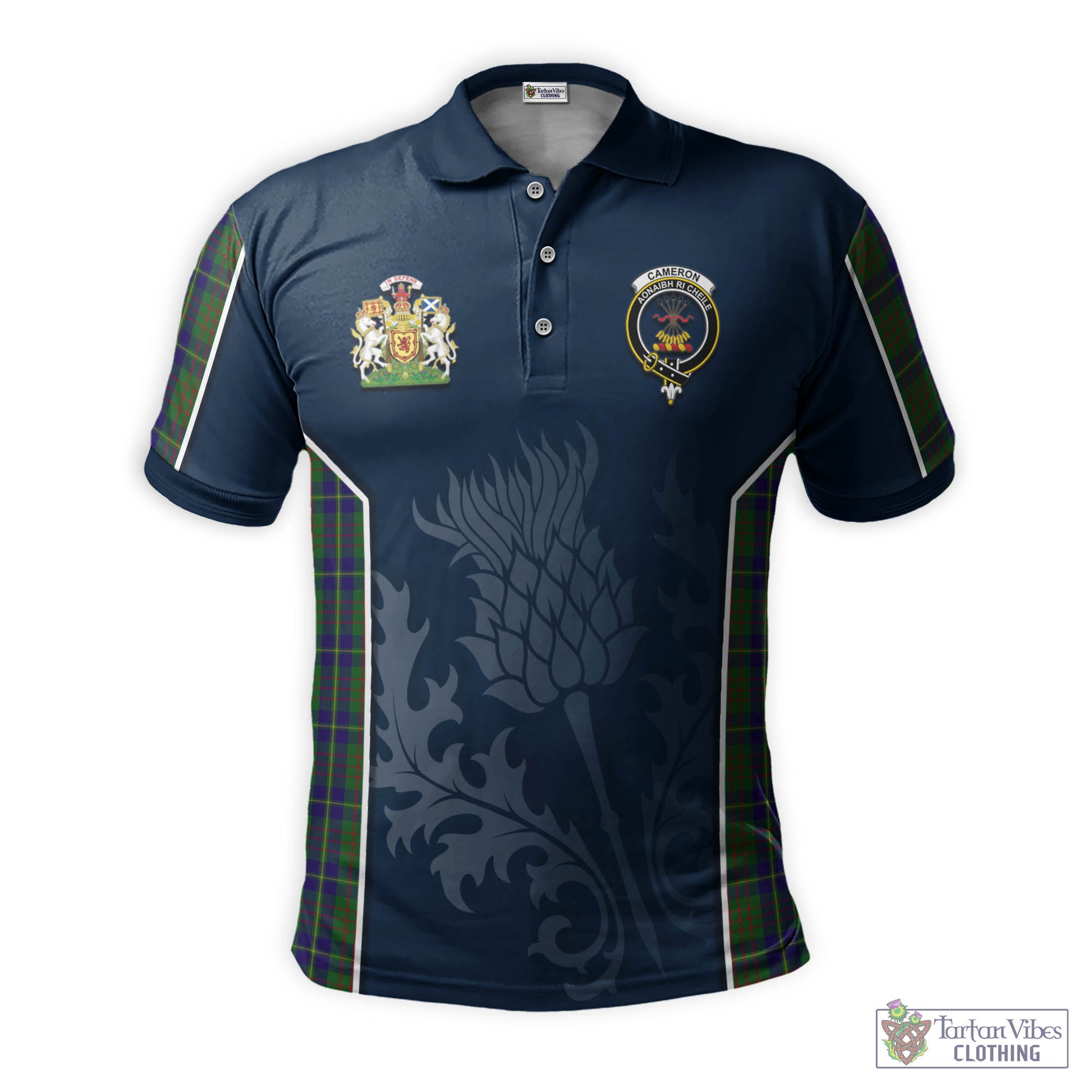 Tartan Vibes Clothing Cameron of Lochiel Hunting Tartan Men's Polo Shirt with Family Crest and Scottish Thistle Vibes Sport Style