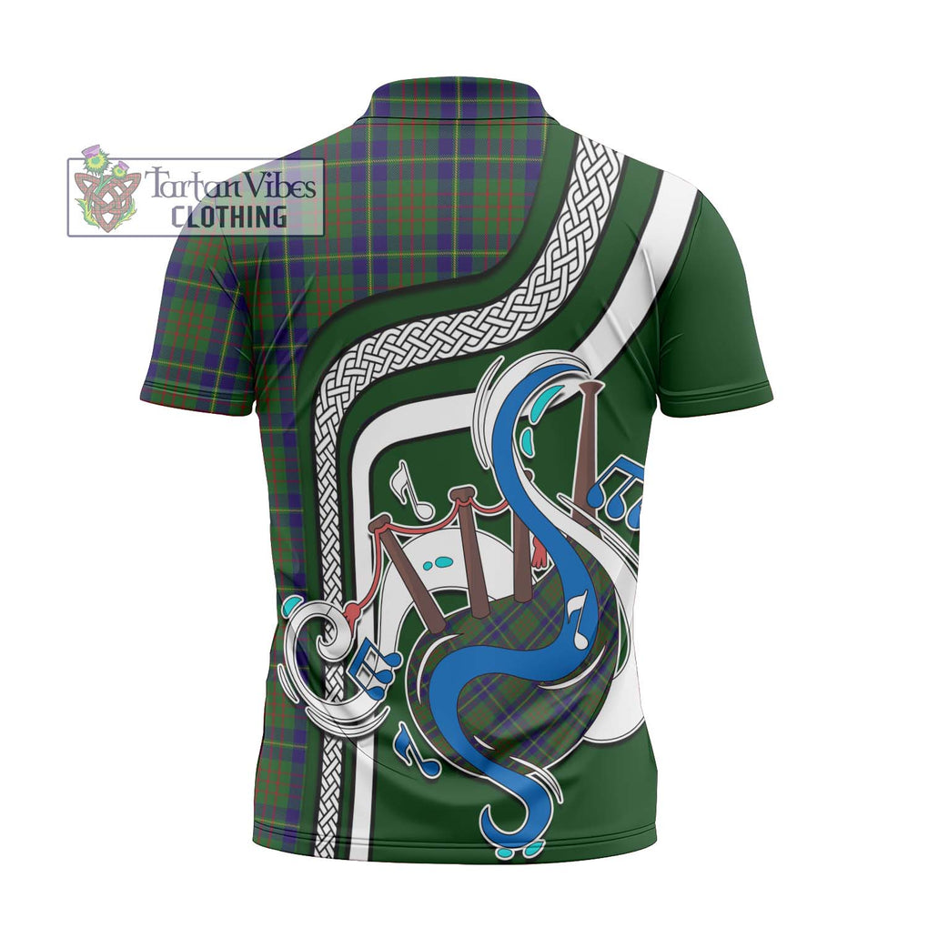 Cameron of Lochiel Hunting Tartan Zipper Polo Shirt with Epic Bagpipe Style - Tartanvibesclothing Shop