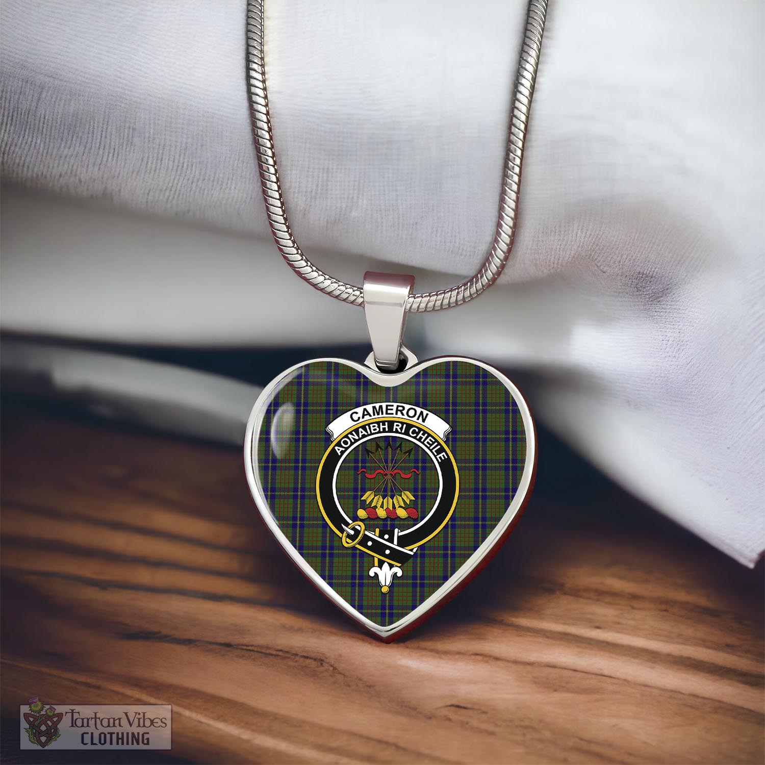 Tartan Vibes Clothing Cameron of Lochiel Hunting Tartan Heart Necklace with Family Crest