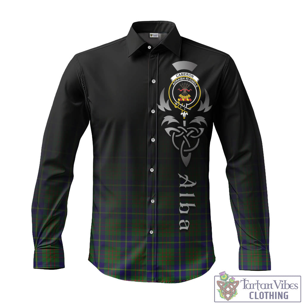 Tartan Vibes Clothing Cameron of Lochiel Hunting Tartan Long Sleeve Button Up Featuring Alba Gu Brath Family Crest Celtic Inspired