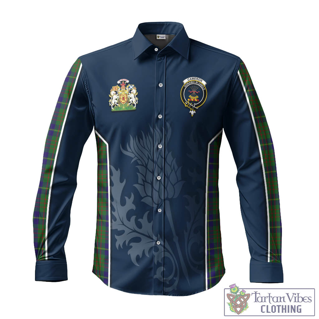 Tartan Vibes Clothing Cameron of Lochiel Hunting Tartan Long Sleeve Button Up Shirt with Family Crest and Scottish Thistle Vibes Sport Style