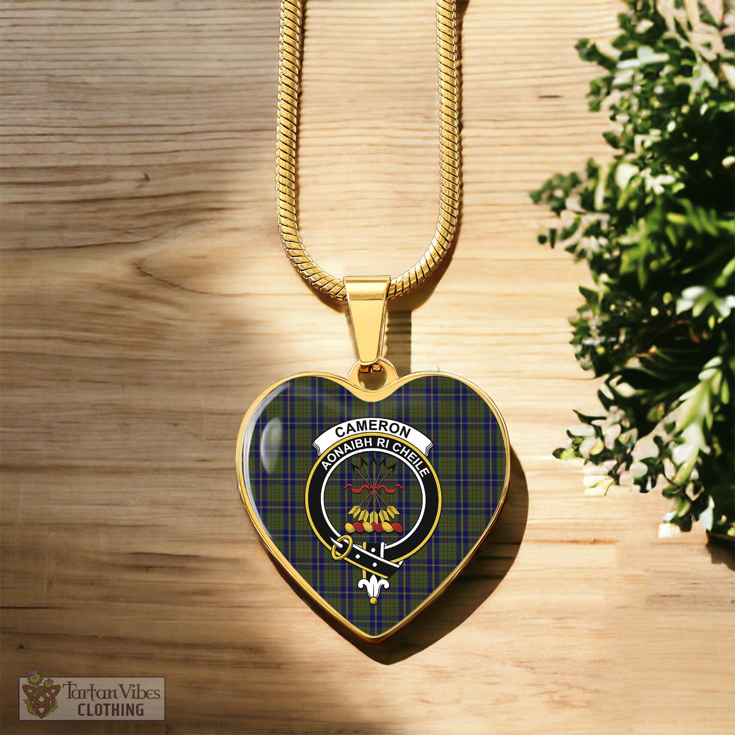 Tartan Vibes Clothing Cameron of Lochiel Hunting Tartan Heart Necklace with Family Crest