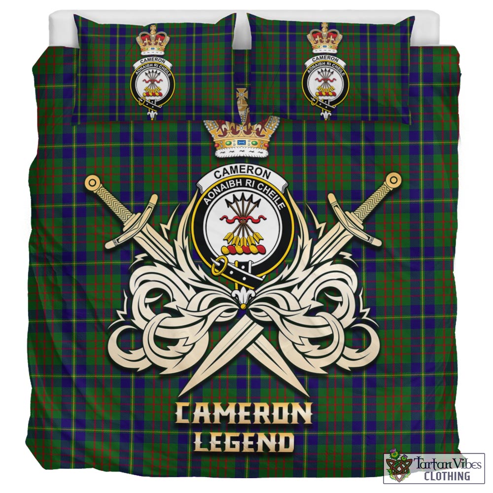 Tartan Vibes Clothing Cameron of Lochiel Hunting Tartan Bedding Set with Clan Crest and the Golden Sword of Courageous Legacy