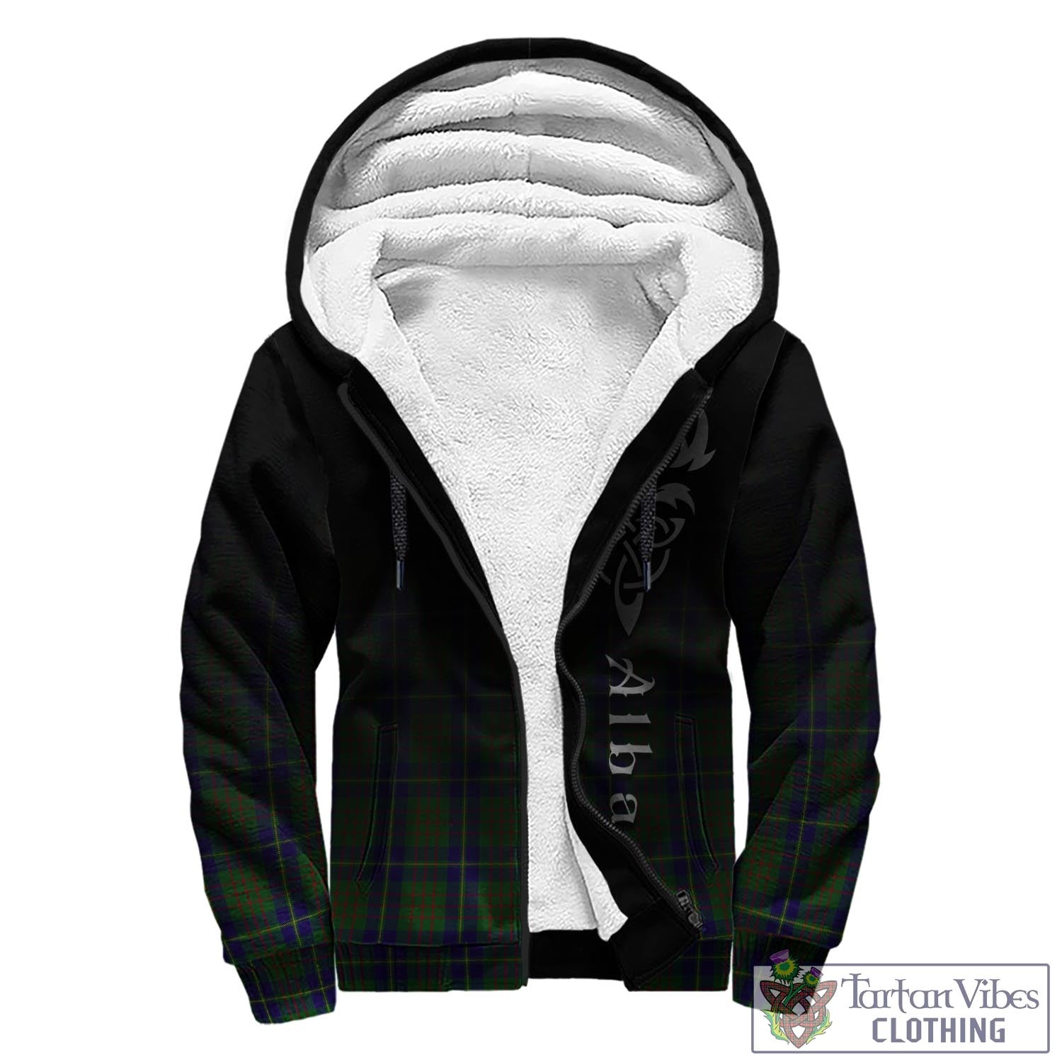 Tartan Vibes Clothing Cameron of Lochiel Hunting Tartan Sherpa Hoodie Featuring Alba Gu Brath Family Crest Celtic Inspired