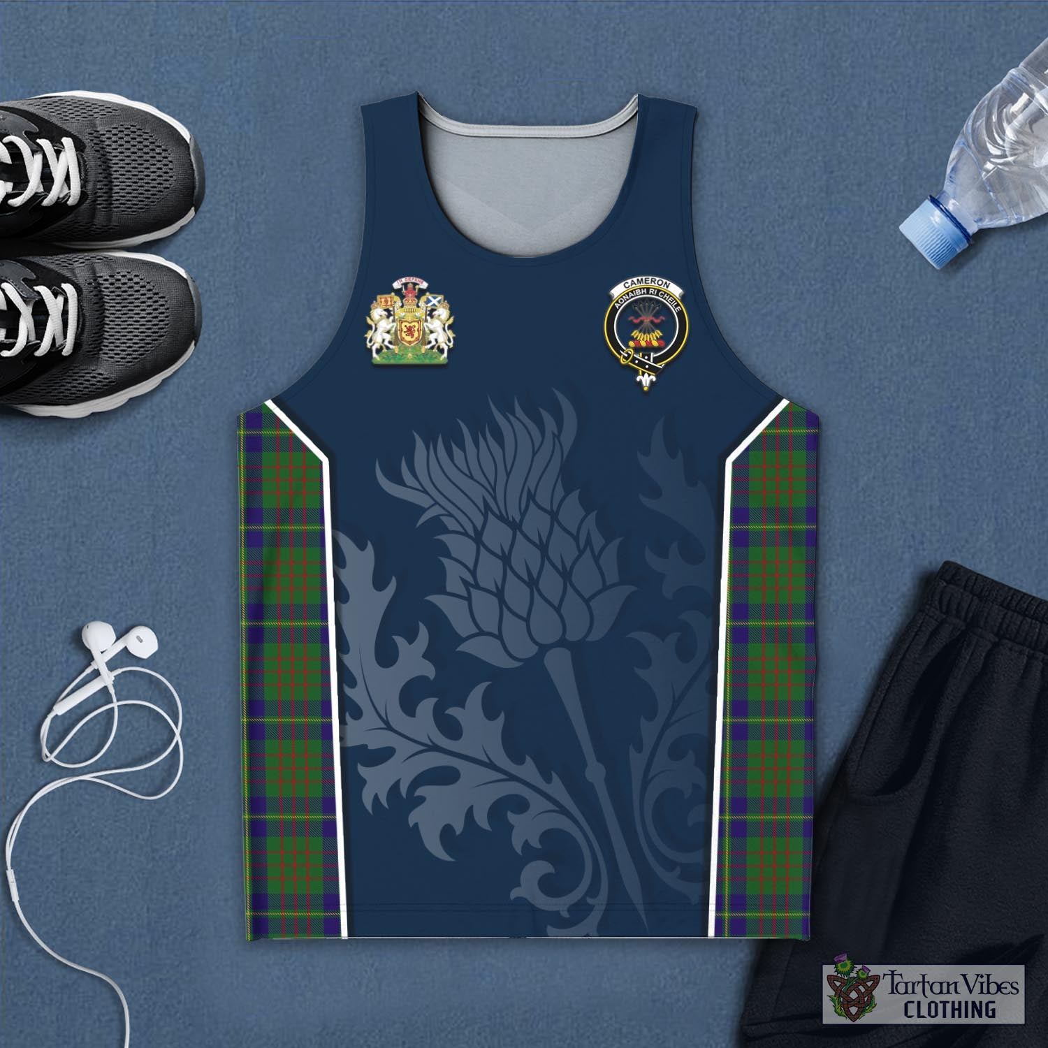 Tartan Vibes Clothing Cameron of Lochiel Hunting Tartan Men's Tanks Top with Family Crest and Scottish Thistle Vibes Sport Style