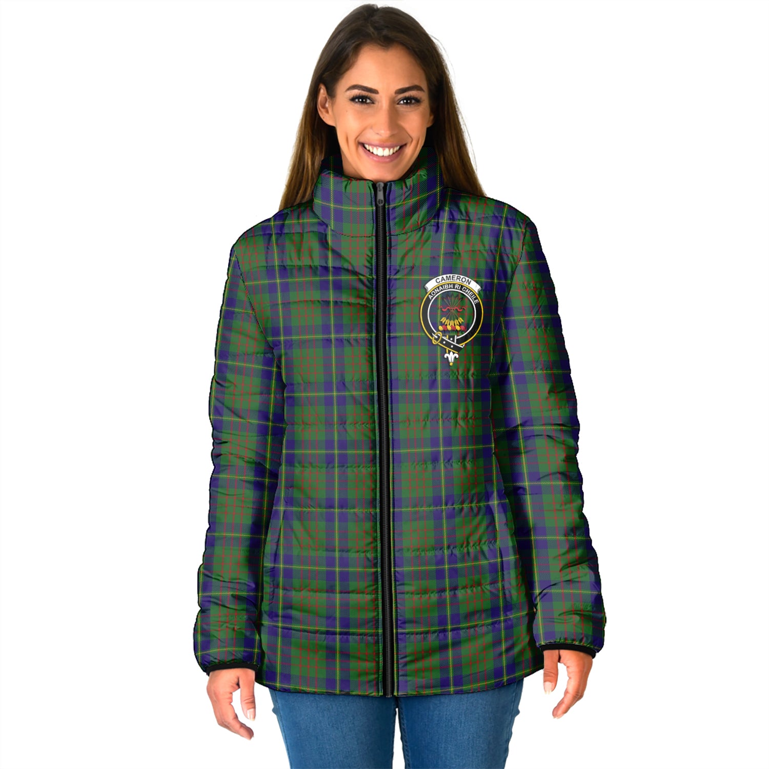 Cameron of Lochiel Hunting Tartan Padded Jacket with Family Crest - Tartan Vibes Clothing